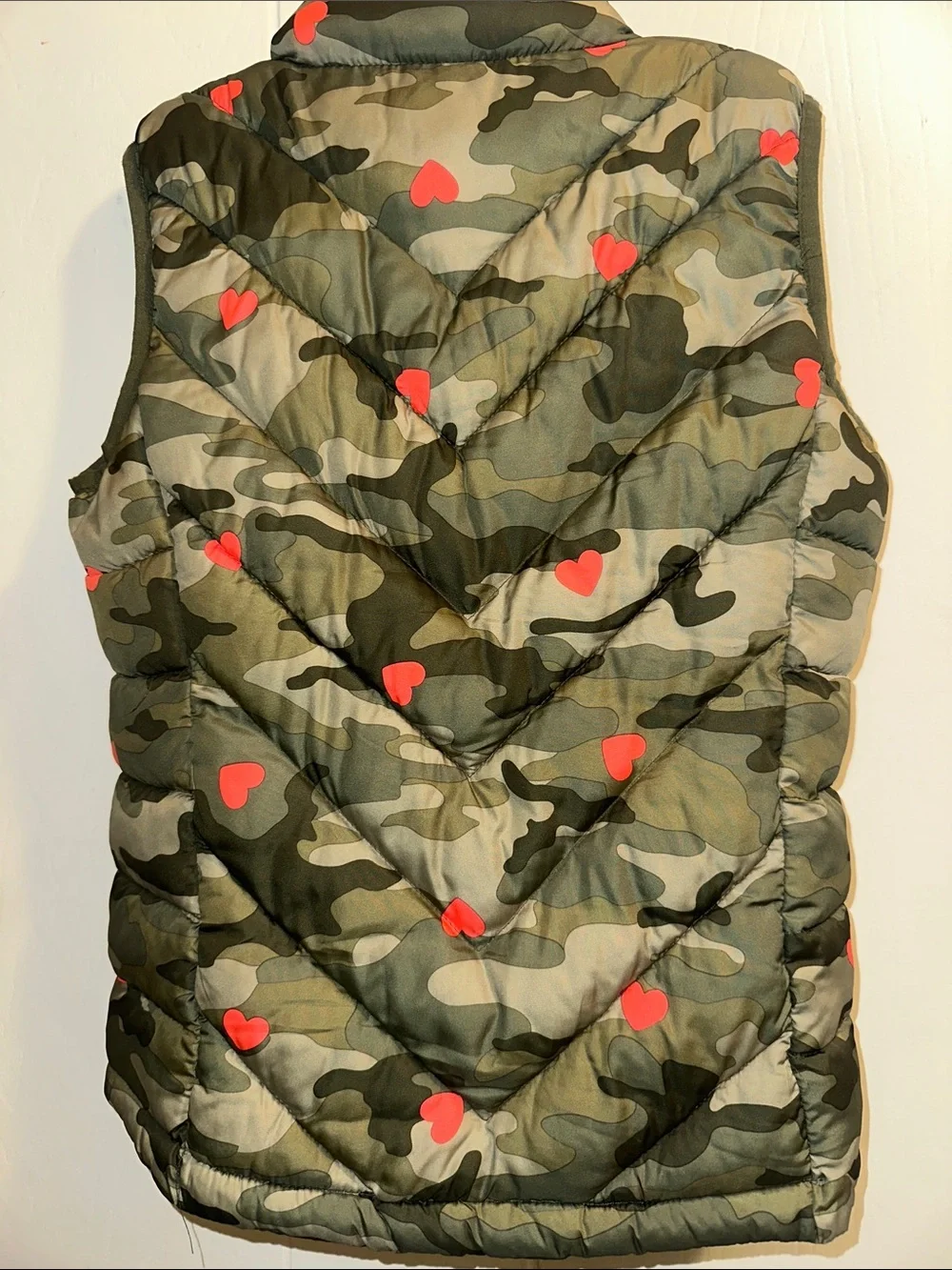 GAP Olive Green Camo Puffer Vest with Red Heart Accents